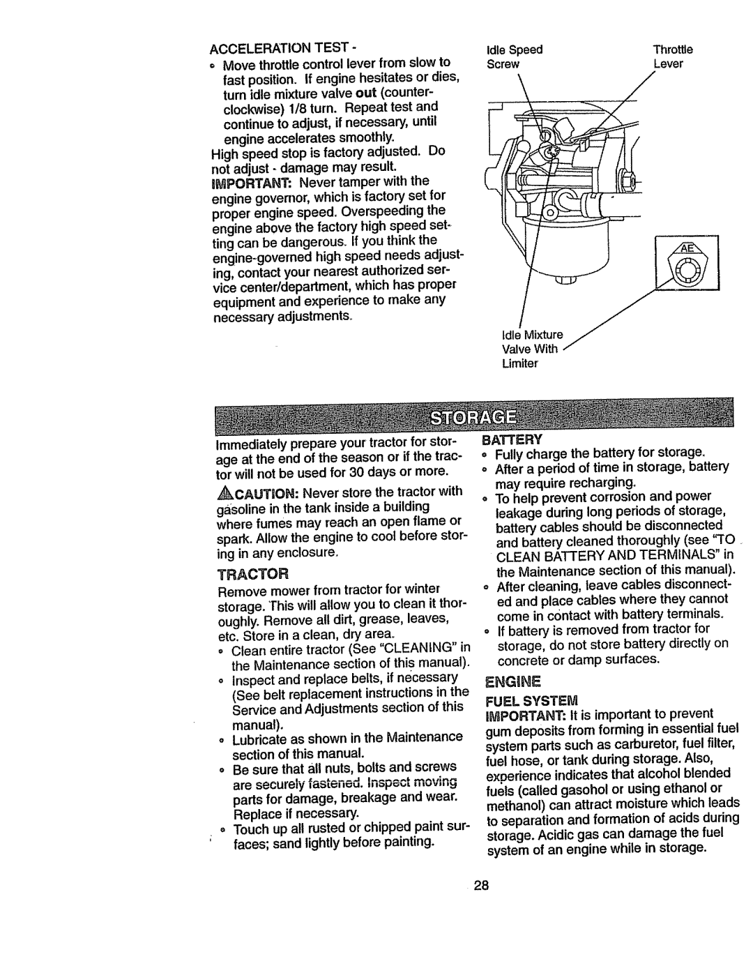 Craftsman 917270841 owner manual Acceleration Test, Tractor, Battery, Engne Fuel System 