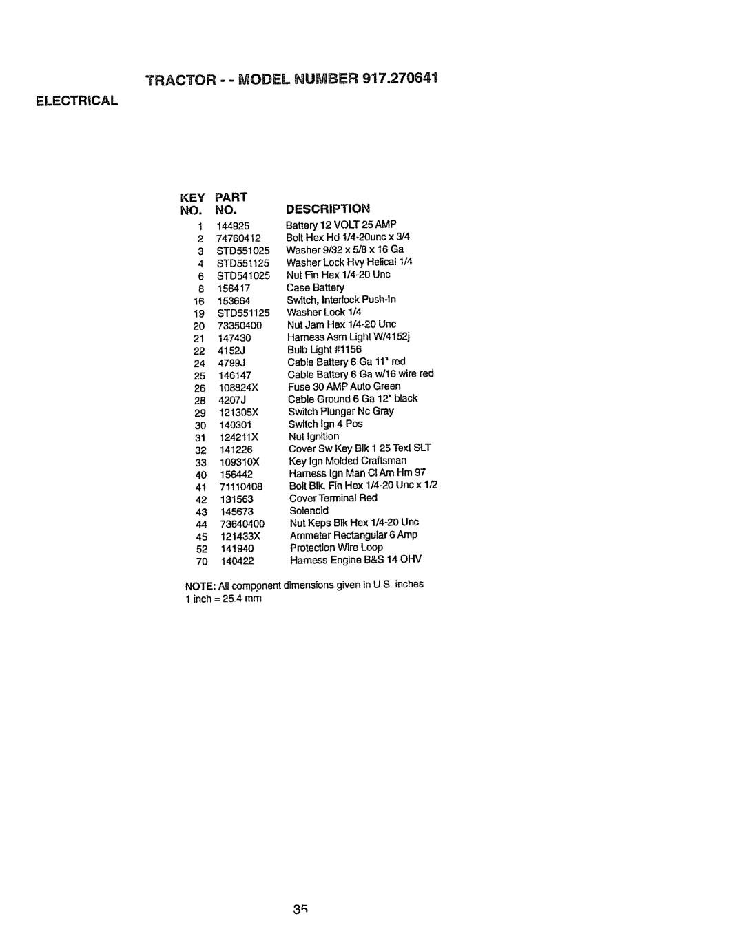 Craftsman 917270841 owner manual Electrical KEY Part 