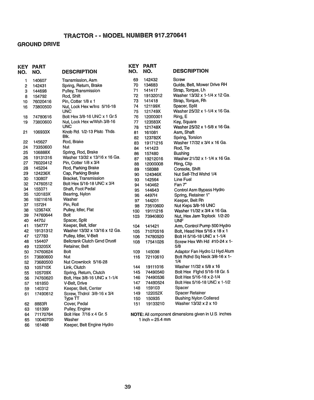 Craftsman 917270841 owner manual Tractor - Model Number 917=270641 Ground Drive, Description 