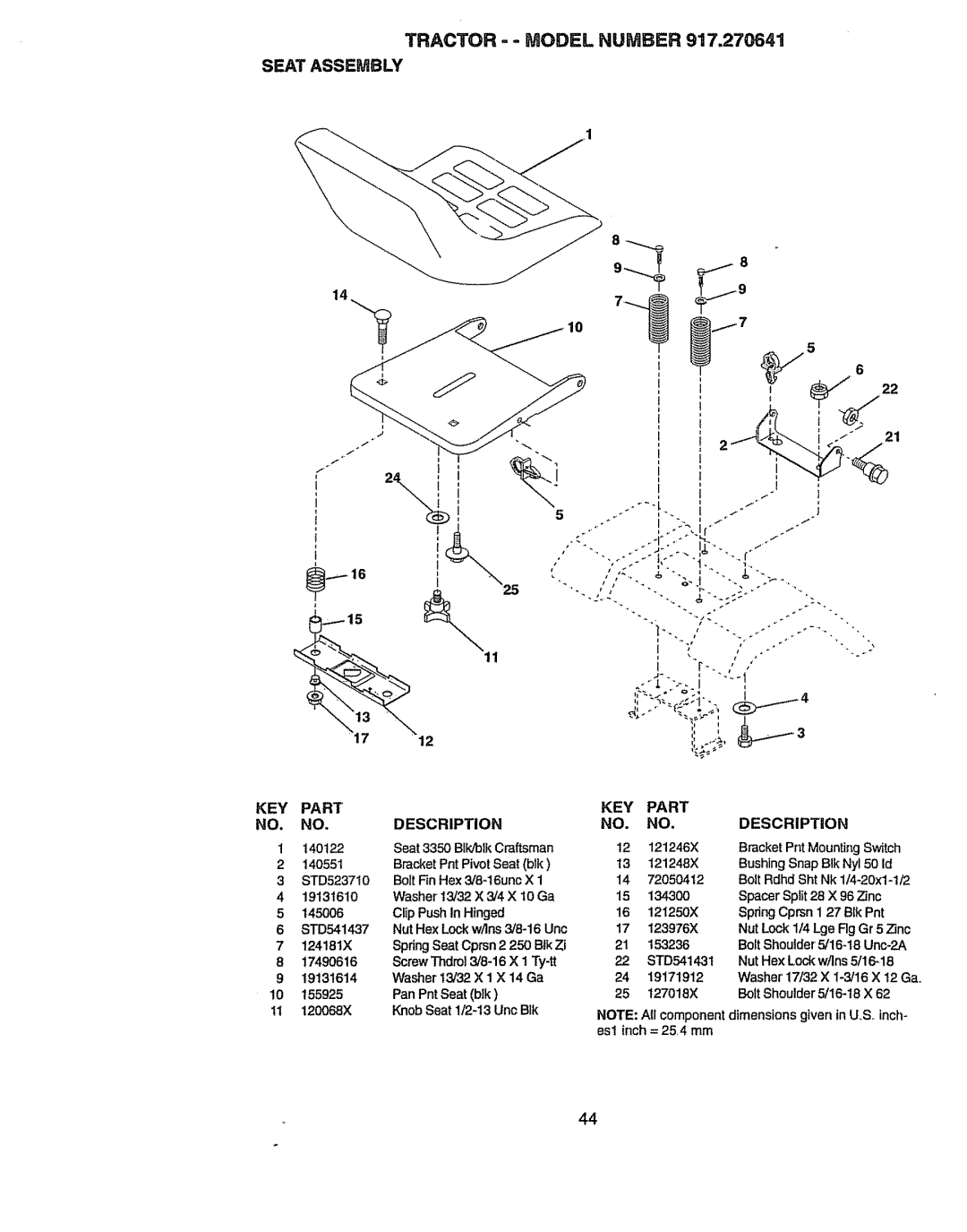 Craftsman 917270841 owner manual TRACTOR- Model Number Seat Assembly, STD541437, 11 12OO68X, 1343OO 