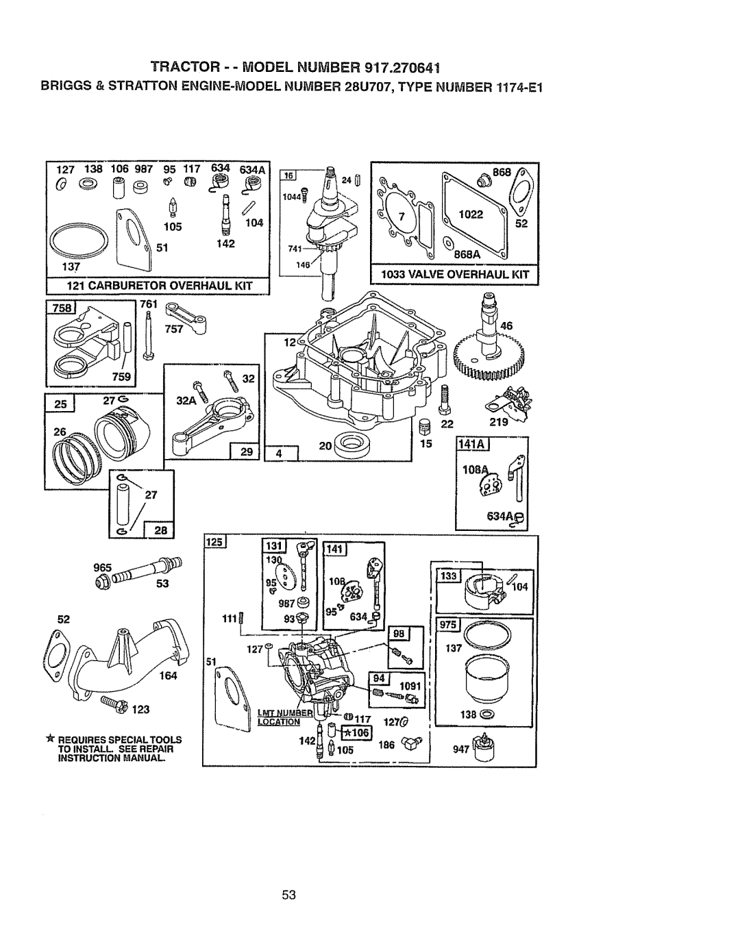 Craftsman 917270841 owner manual 127 138 106 987 ,11, T 105 51142, Valve Overhaul KIT Carburetor Overhaul KIT, 164 