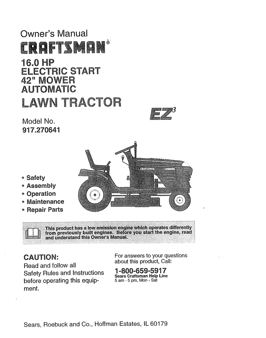 Craftsman 917270841 owner manual Lawn Traoto, Model No, Cautbon, 1800=859=5917, Safety Assembly, Read and follow all 