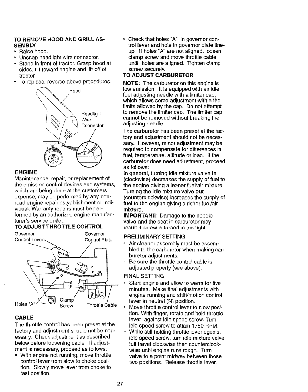 Craftsman 917270841 owner manual To Remove Hood And Grill As, Engine 