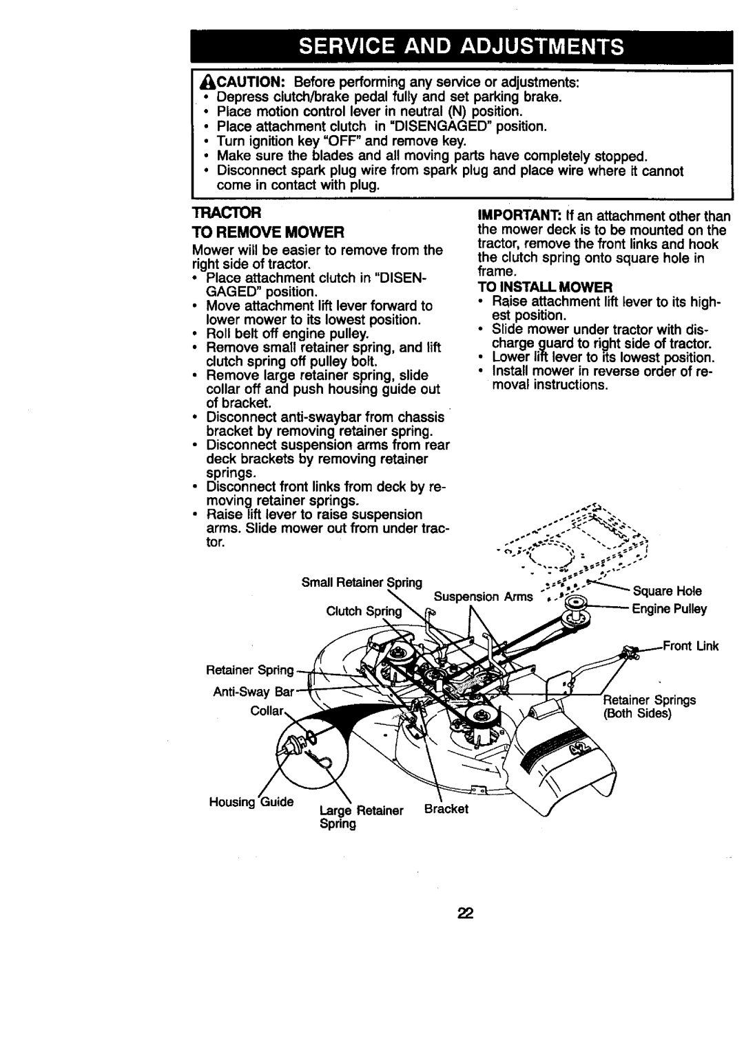 Craftsman 917.27086 manual To Remove Mower, To Install Mower 