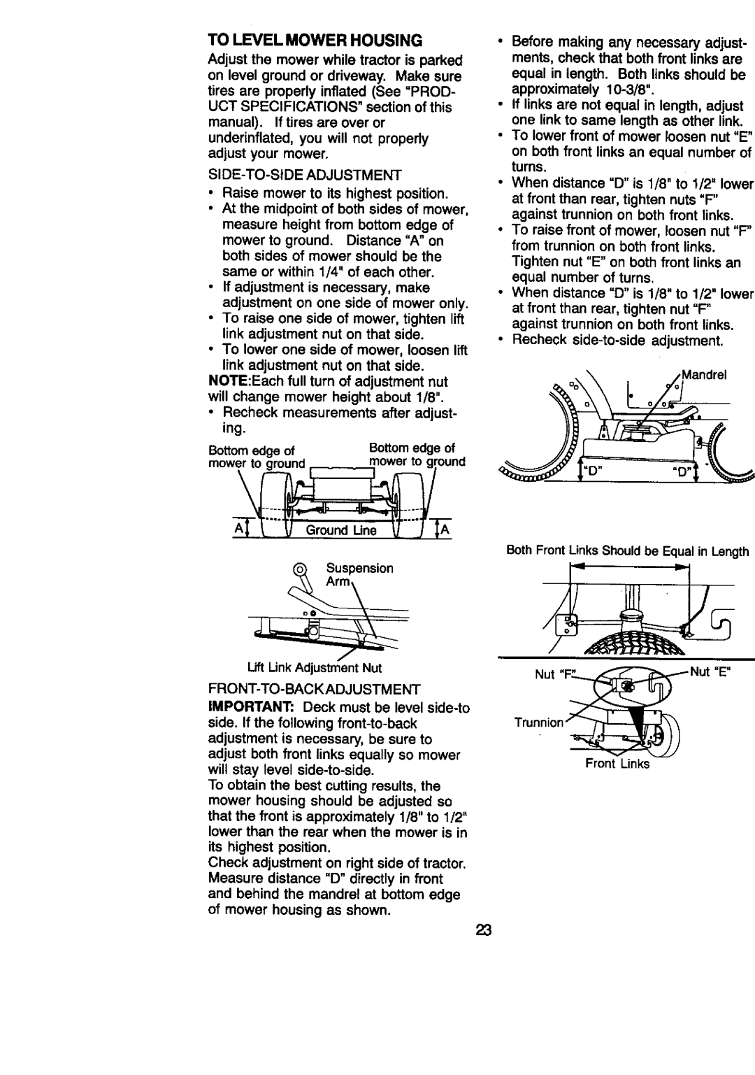 Craftsman 917.27086 manual To Level Mower Housing, SIDE-TO-SIDE Adjustment, Front-To-Backadjustment 