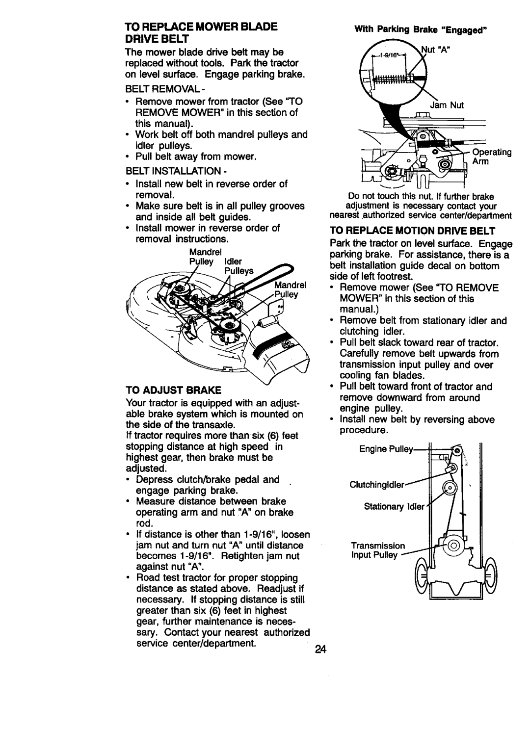 Craftsman 917.27086 manual To Replace Mower Blade Drive Belt, To Adjust Brake, To Replace Motion Drive Belt, Belt Removal 