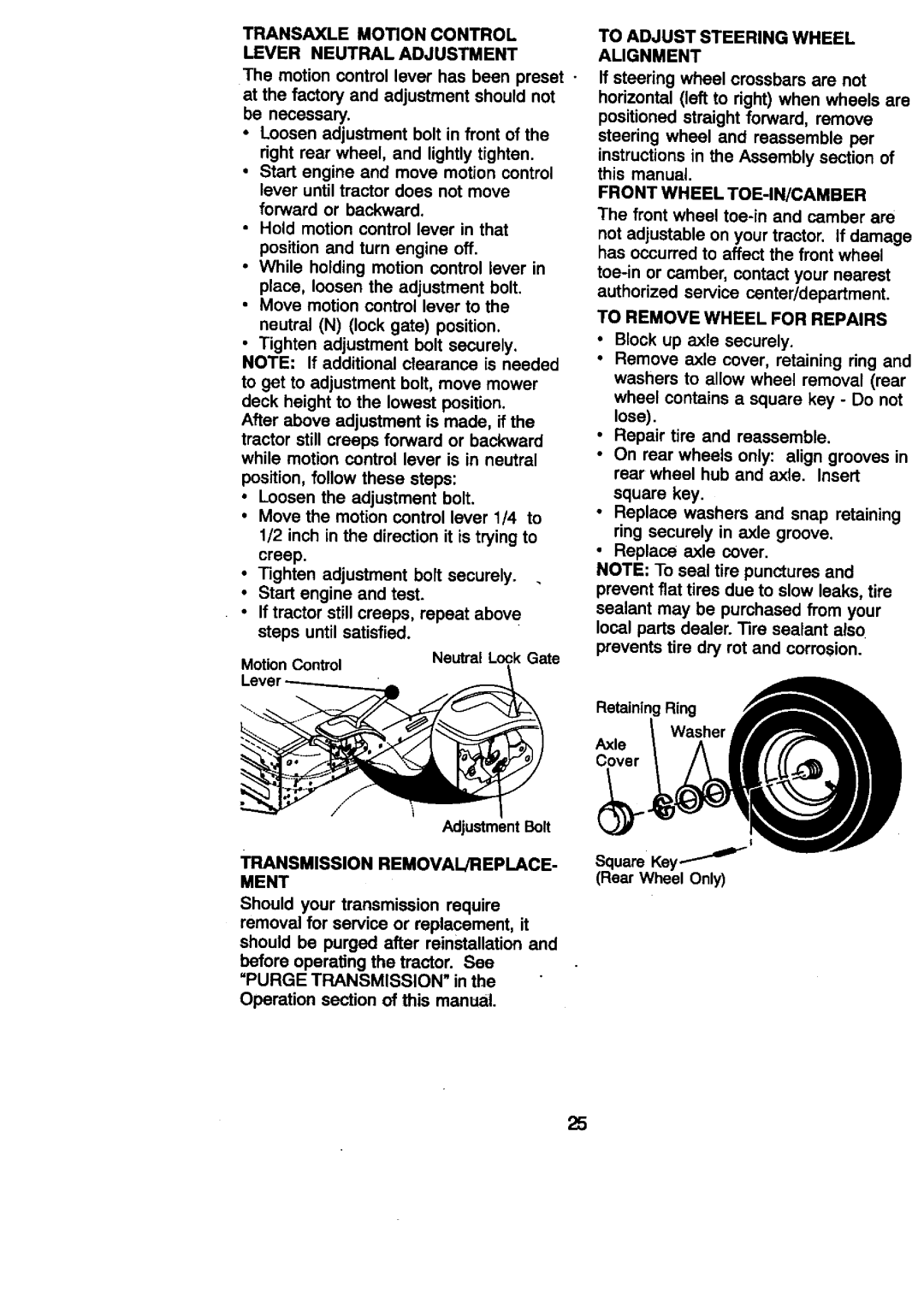 Craftsman 917.27086 To Adjust Steering Wheel, Alignment, Front Wheel TOE-IN/CAMBER, To Remove Wheel for Repairs, Ment 