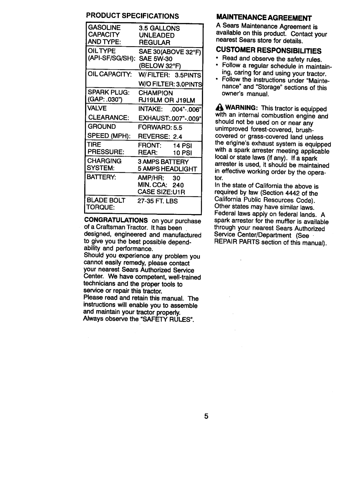 Craftsman 917.27086 Product Specifications Gasoline, Capacity, Type, Maintenance Agreement, Customer Responsibilities 