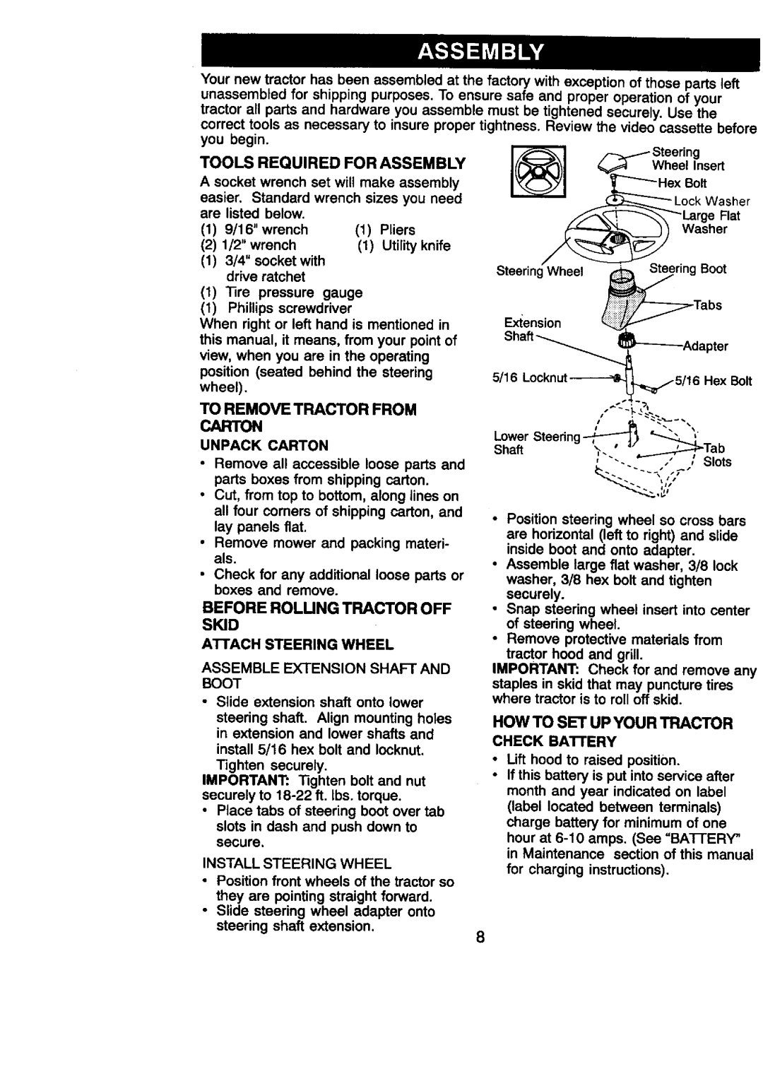 Craftsman 917.27086 manual Install Steering Wheel, Tools Required for Assembly, Unpack Carton 