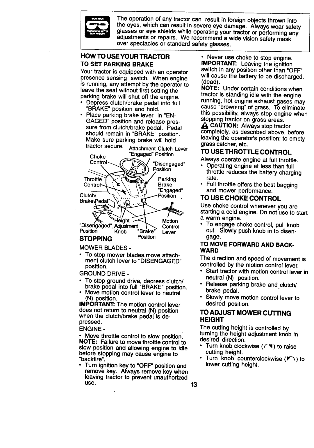 Craftsman 917.27086 manual Parkingrate, How To Use Your Tractor, STOPPINGPosition, Brake 