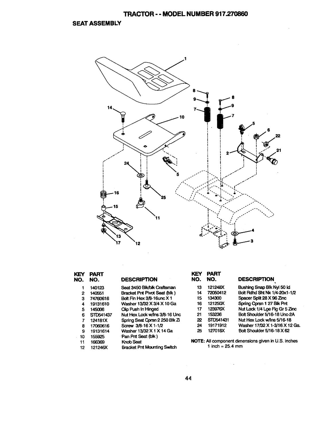Craftsman 917.27086 manual Tractor - - Model Number Seat Assembly, Part, Description 