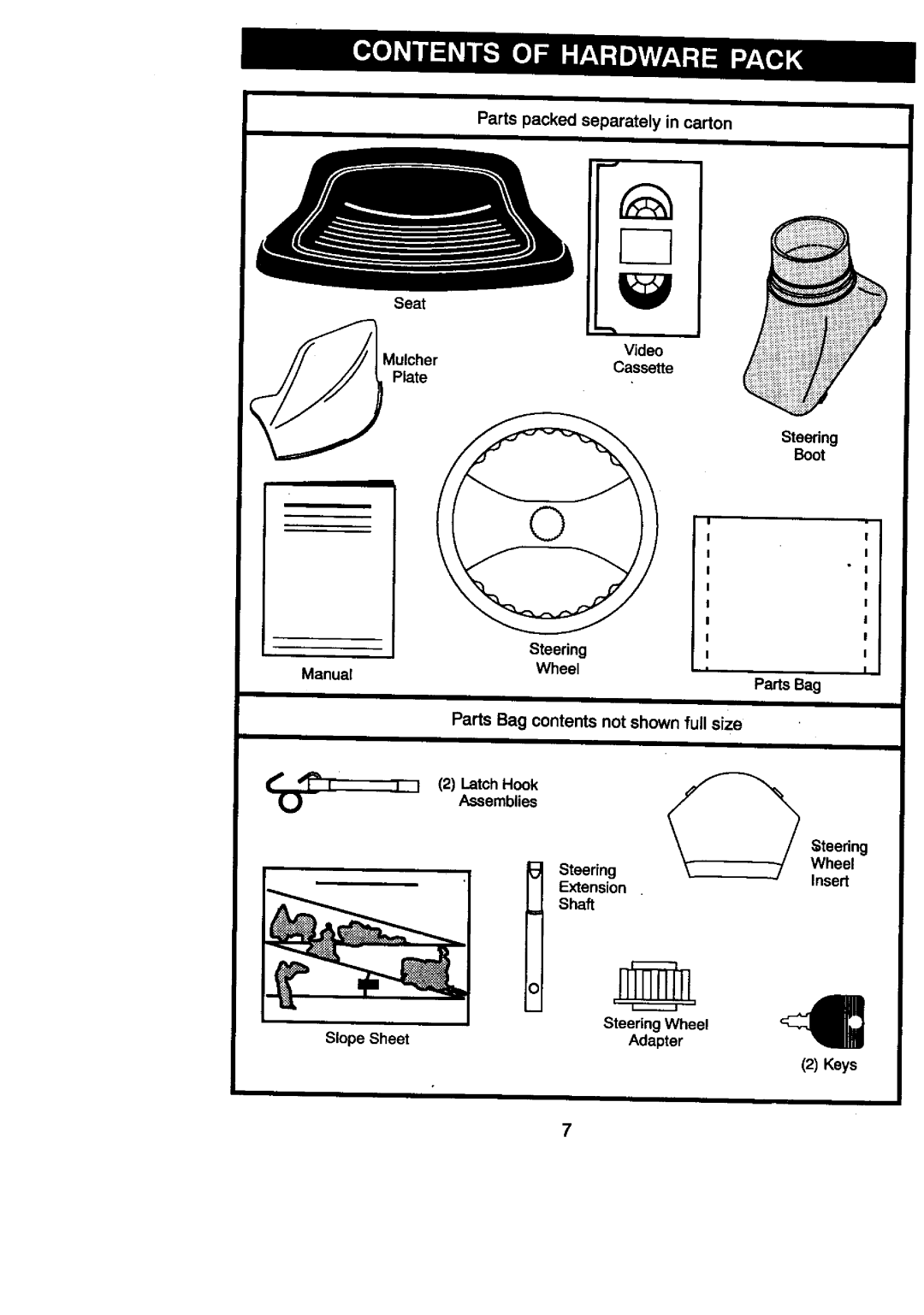 Craftsman 917.27086 Manual, Parts Bag contents not shown full size, Seat, Mulcher Plate, Slope Sheet, Video Cassette, Keys 