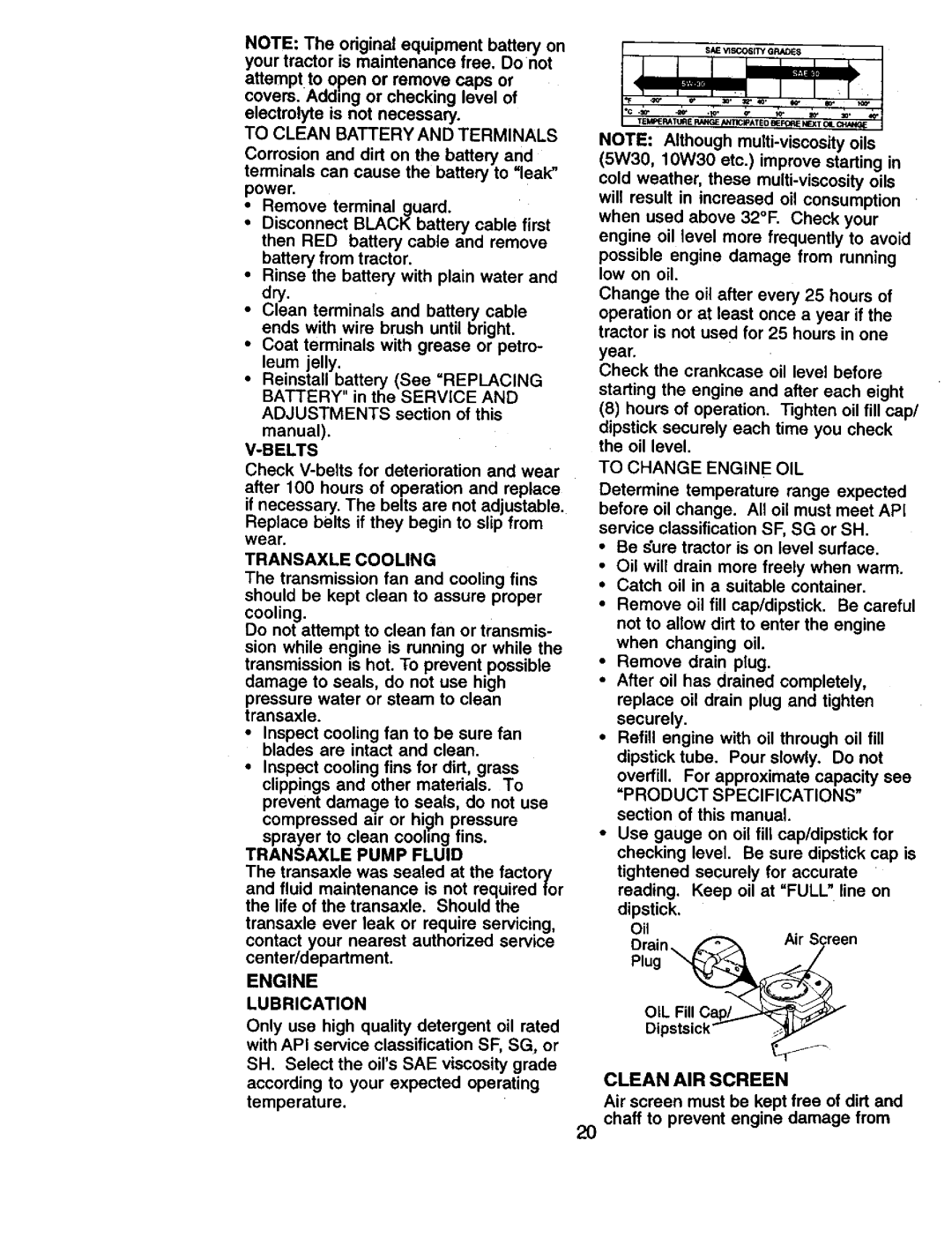 Craftsman 917.270961 manual Tocleanbatteryandterminals, Clean AIR Screen 