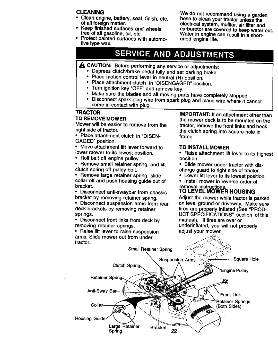 Craftsman 917.270961 manual Cleaning, Tractor, To Remove Mower, To Install Mower, To Level Mower Housing 