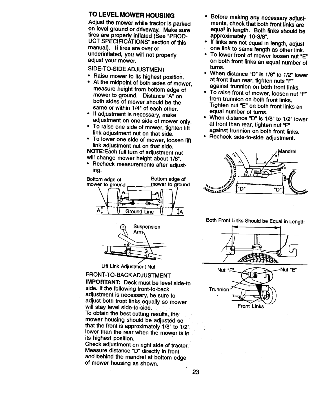 Craftsman 917.270961 manual To Level Mower Housing, SIDE-TO-SIDE Adjustment, FRONT-TO-BACK Adjustment 