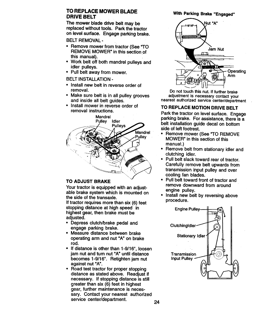 Craftsman 917.270961 manual To Replace Mower Blade Drive Belt, Belt Removal, Belt Installation, To Adjust Brake 