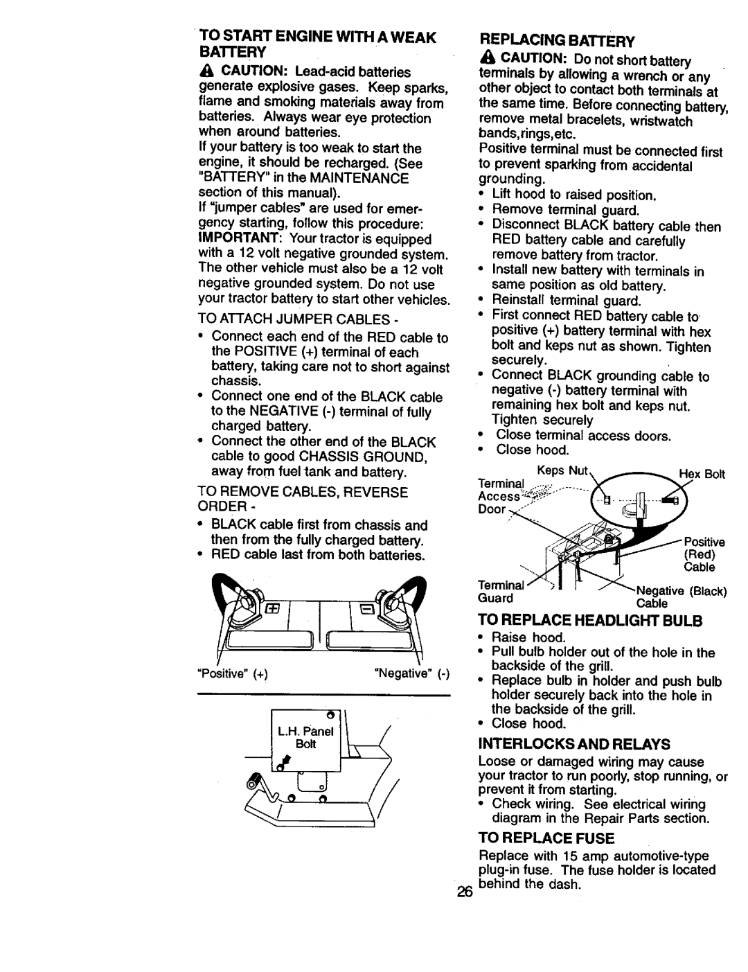 Craftsman 917.270961 To Replace Headlight Bulb, To Start Engine with a Weak Battery, Replacing Battery, To Replace Fuse 