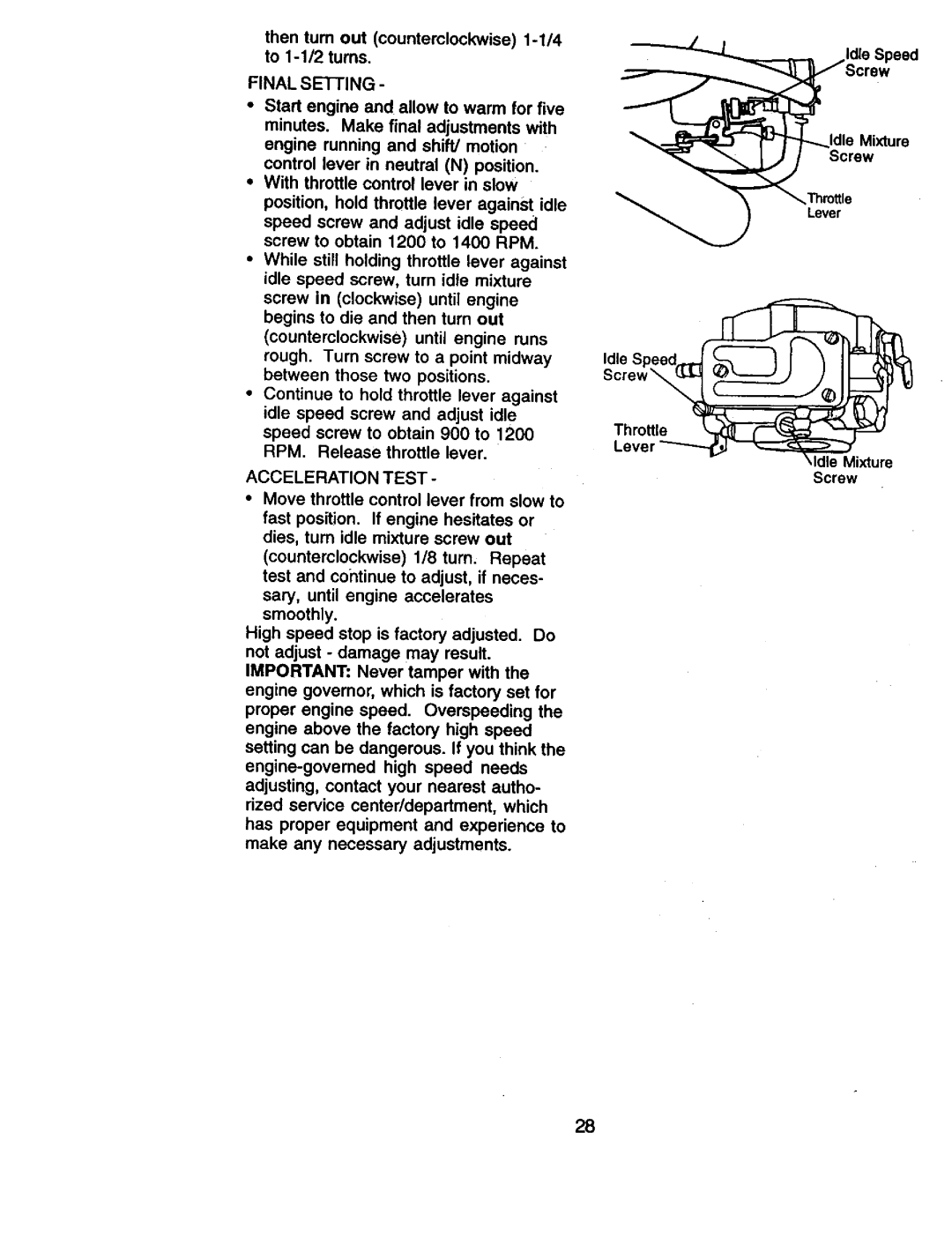 Craftsman 917.270961 manual Idle Speed Lever =---,f \Idle Mixture Screw 