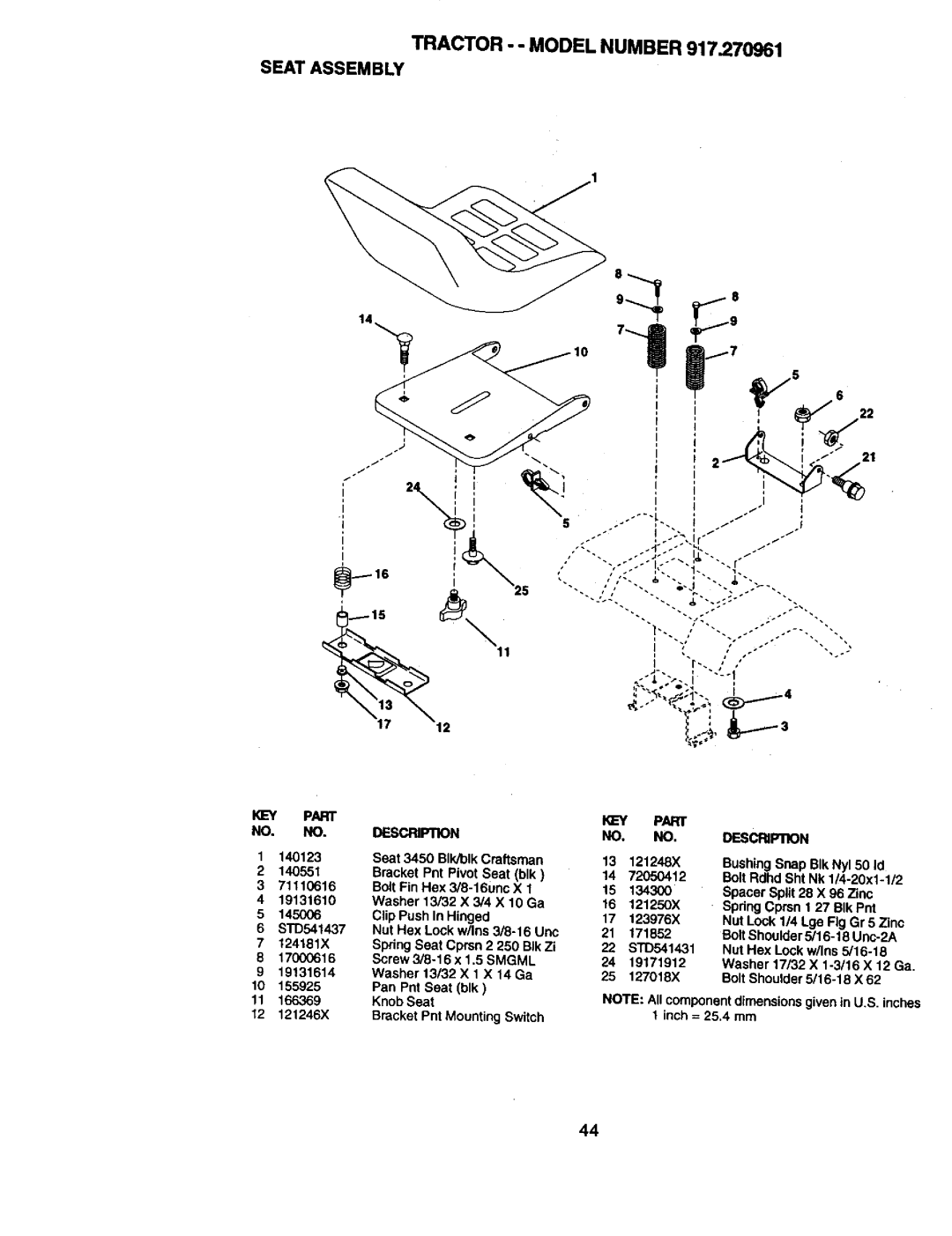 Craftsman 917.270961 manual Tractor - Model Number Seat Assembly, Part KEY Part Description DESCRIP/1ON 