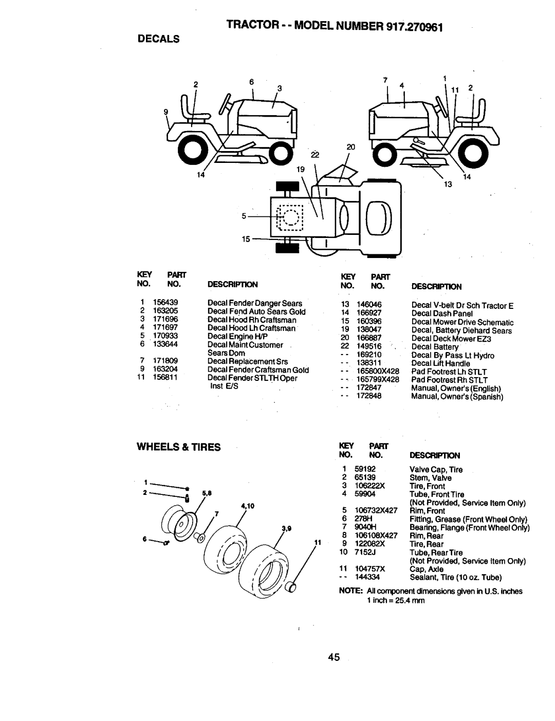 Craftsman 917.270961 manual Tractor --MODEL Number, Decals, Wheels & Tires, Part NO. no, KEY PAR Description 