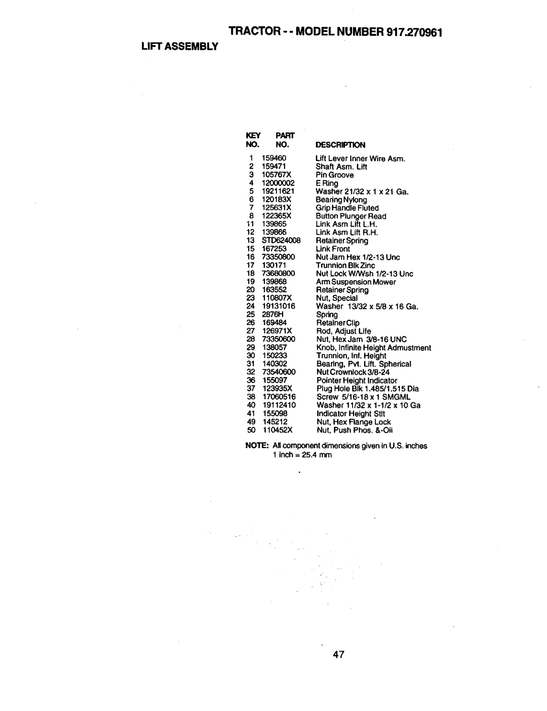 Craftsman 917.270961 manual Tractor - Model Number Lift Assembly 