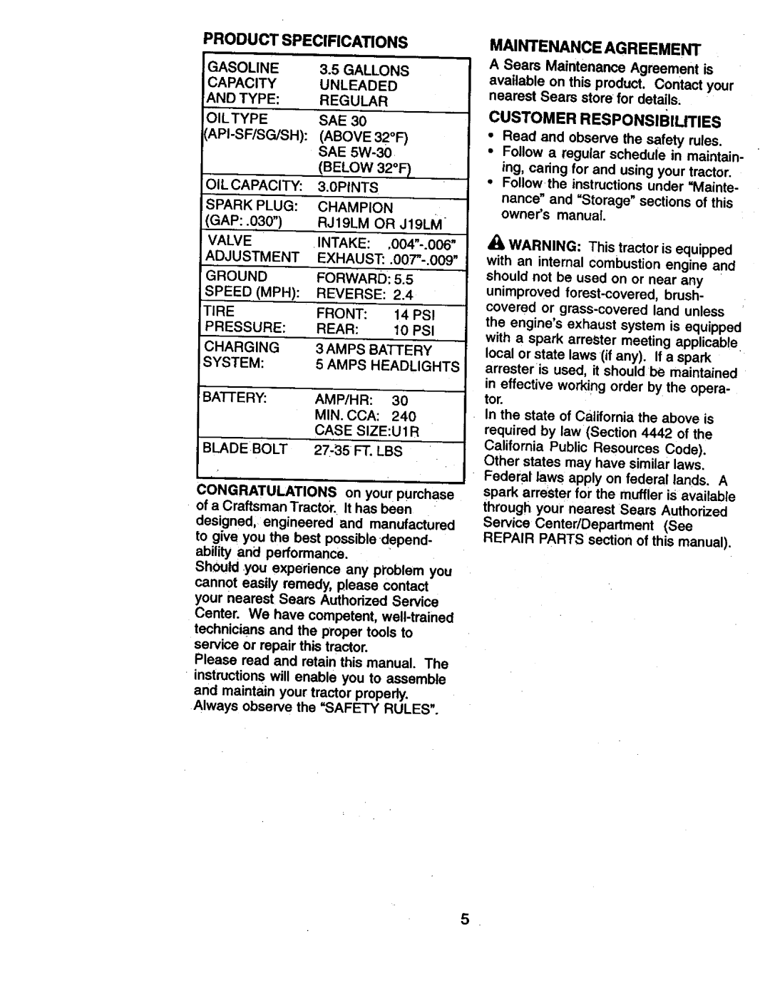 Craftsman 917.270961 manual Product Specifications 