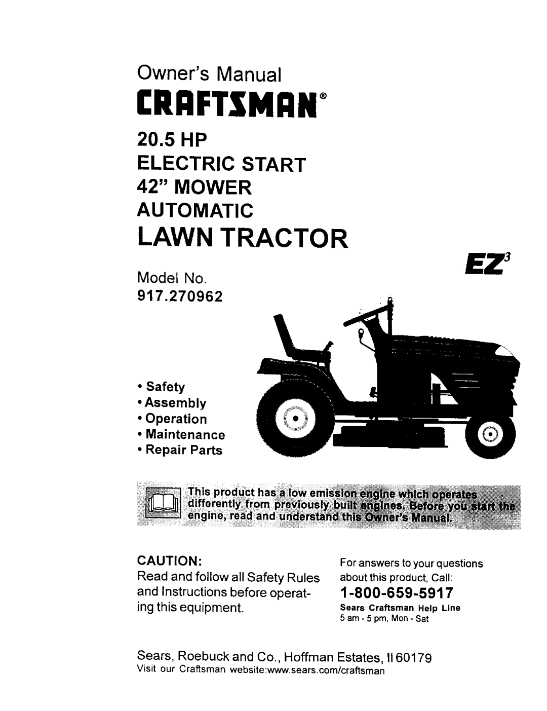 Craftsman 917.270962 owner manual Sears Craftsman Help Line, Am 5 pm, Mon Sat 