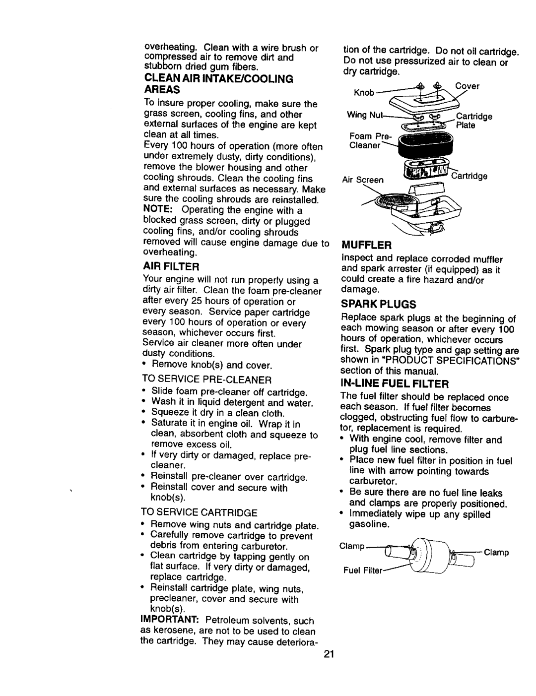 Craftsman 917.270962 owner manual Sparkplugs, Muffler, Clean AIR INTAKE/COOLING Areas, AIR Filter, IN-LINE Fuel Filter 