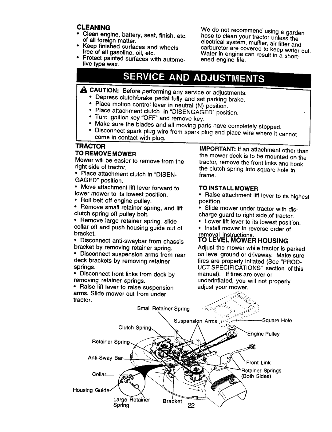 Craftsman 917.270962 owner manual Cleaning, Tractor To Remove Mower, To Install Mower, To Level Mower Housing 