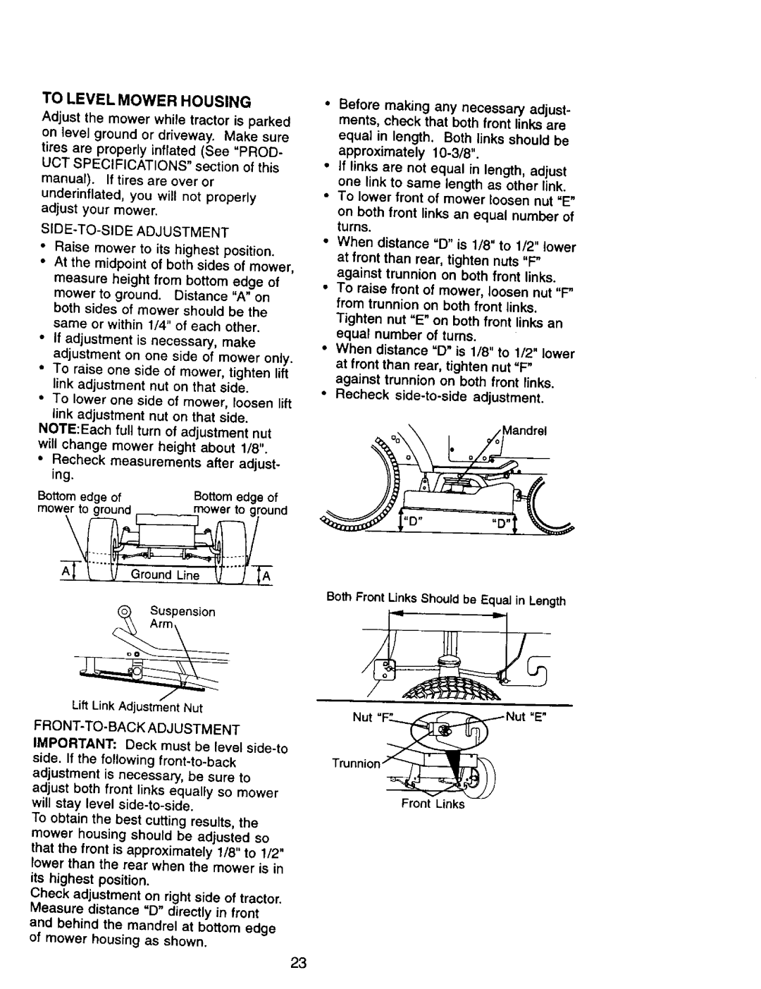 Craftsman 917.270962 owner manual Bottom edge, Both Front Links Should be Equal in Length, LiftLink Adjustment Nut, Nut F 