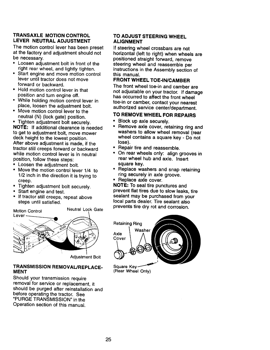 Craftsman 917.270962 owner manual Transaxle Motion Control Lever Neutral Adjustment, To Adjust Steering Wheel Alignment 