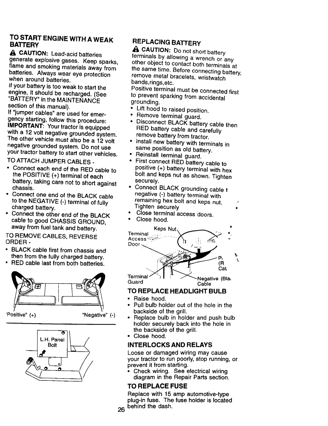 Craftsman 917.270962 To Start Engine with a Weak Battery, Replacing Battery, To Replace Headlight Bulb, To Replace Fuse 