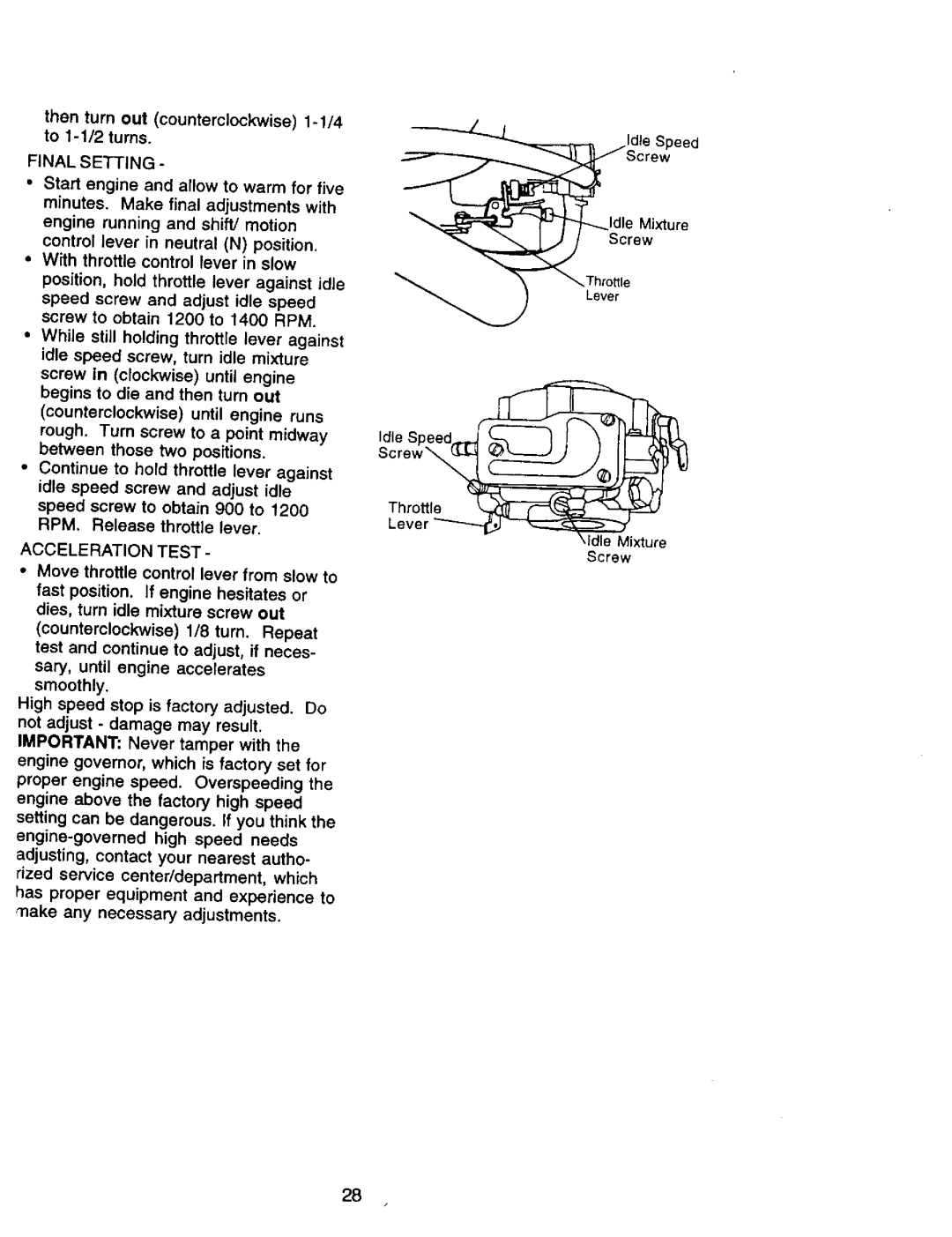 Craftsman 917.270962 owner manual Final Setting, Acceleration Test, Idle Mixture 