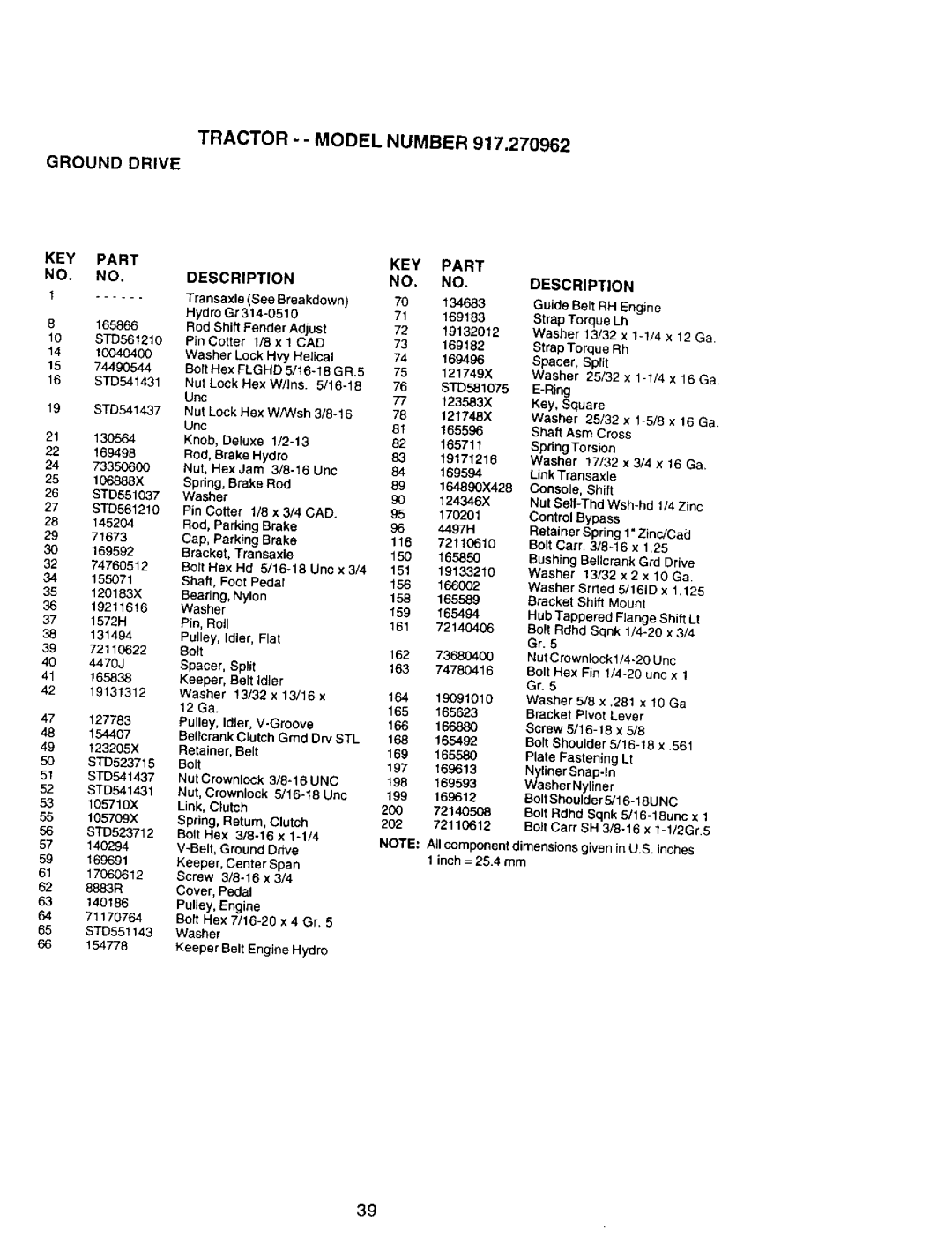 Craftsman 917.270962 owner manual Tractor - Model Number Ground Drive 