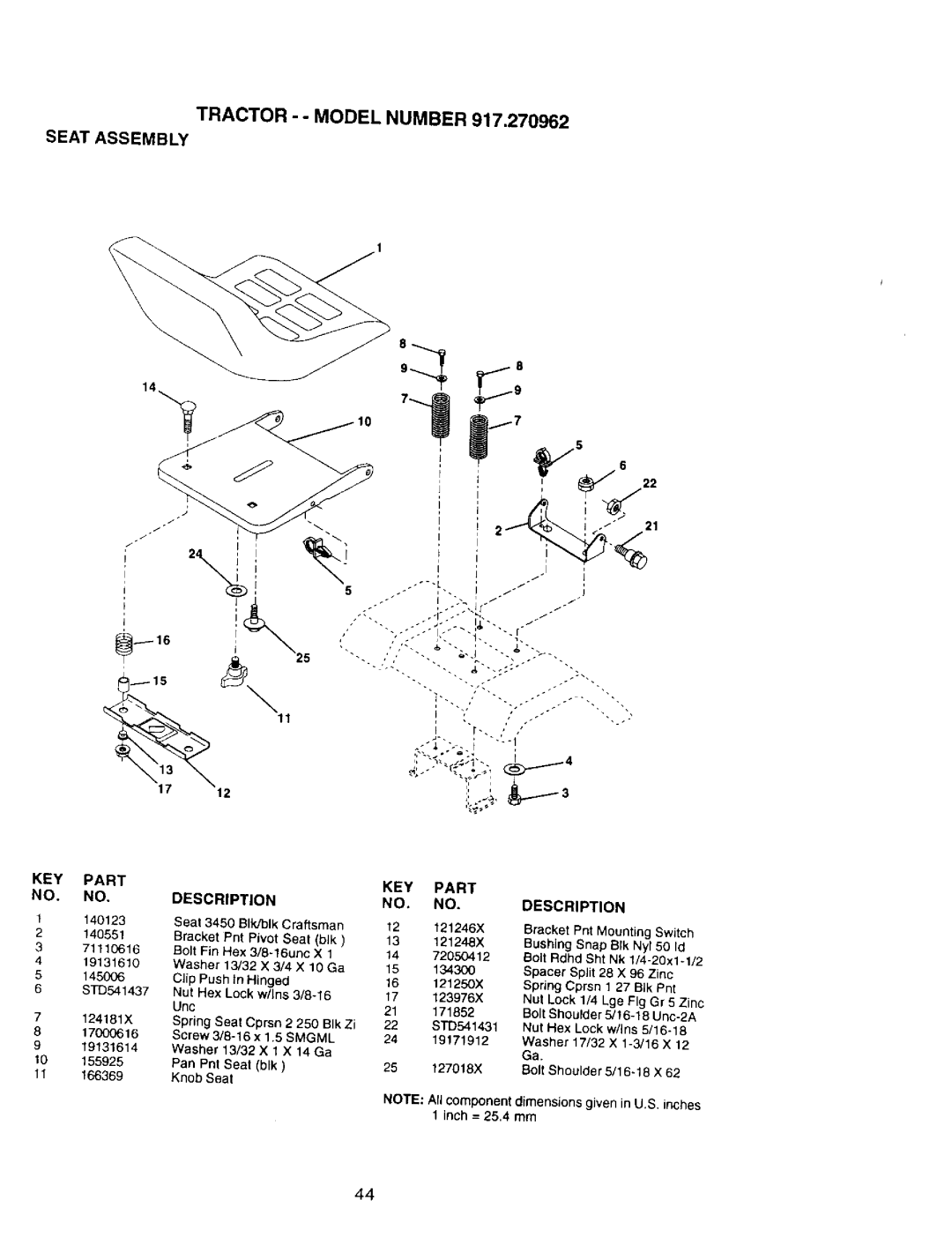 Craftsman 917.270962 owner manual Tractor - Model Number Seat Assembly, Seat 3450 BIk/blk Craftsman 121246X, 121248X 