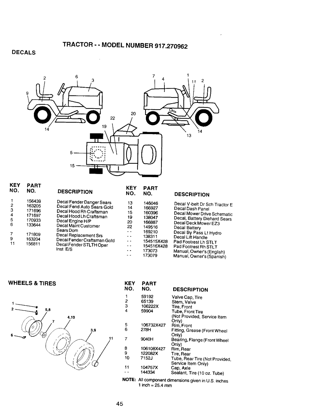 Craftsman 917.270962 owner manual Decals KEY Part Description, Wheels & Tires 