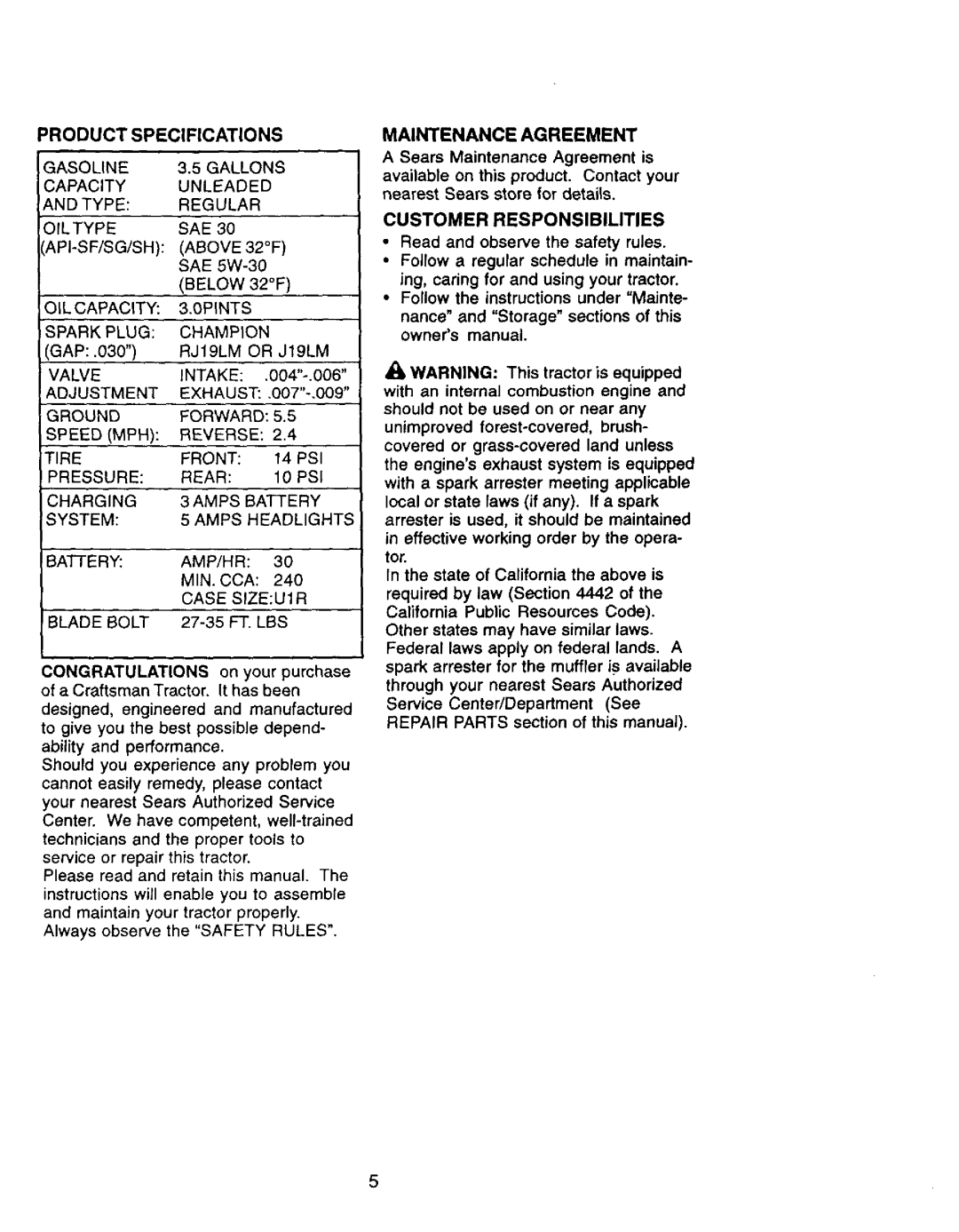 Craftsman 917.270962 owner manual Customer Responsibilities, Product Specifications, Maintenance Agreement, Above, Blade 