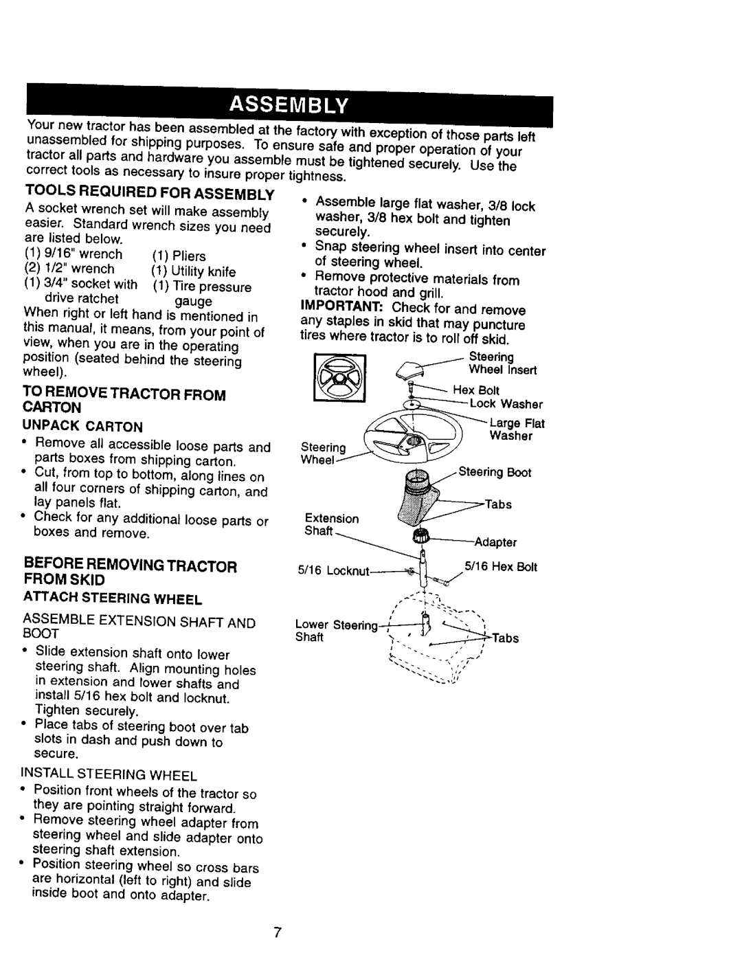 Craftsman 917.270962 owner manual To Remove Tractor from Carton, Tools Required for Assembly, Unpack Carton 