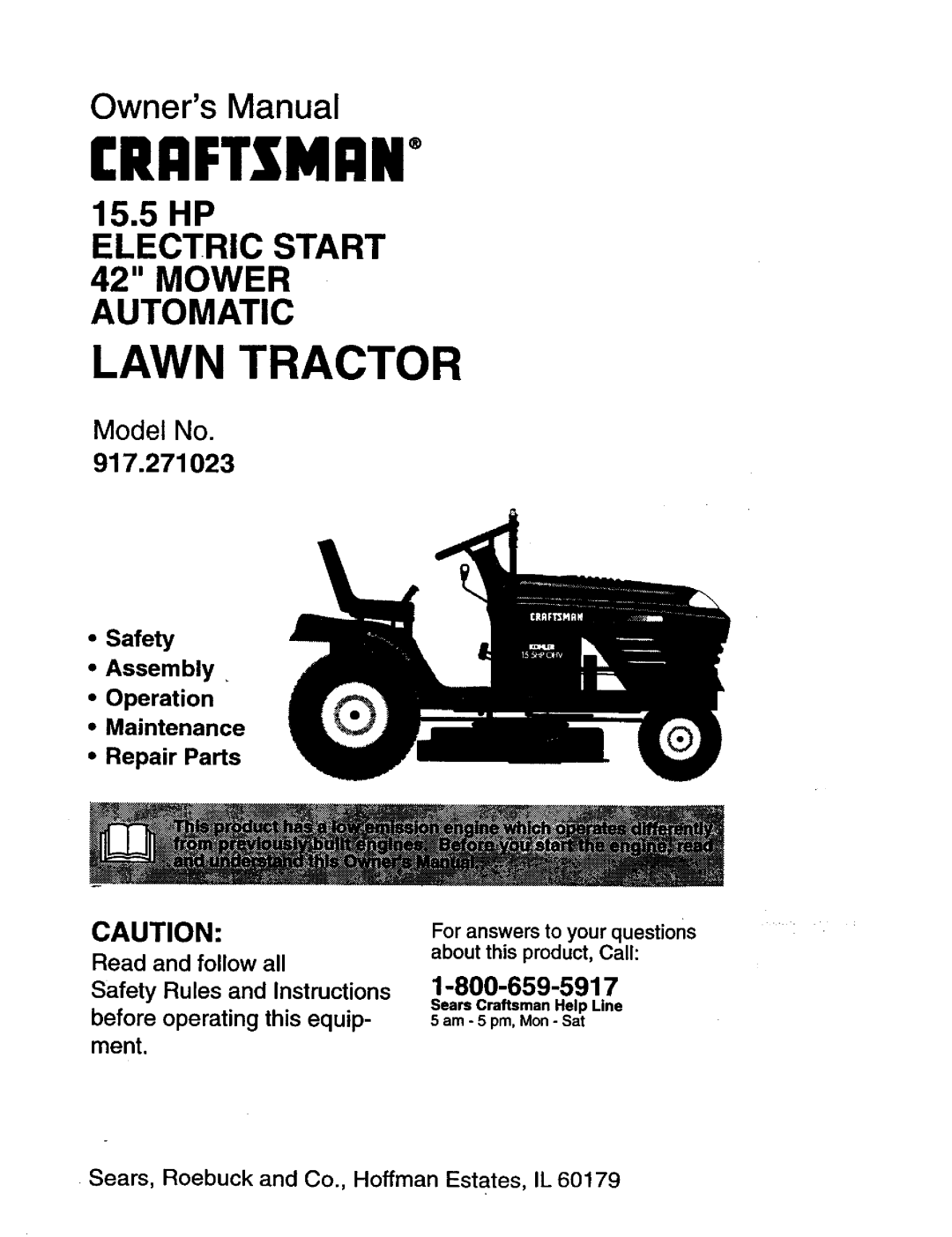 Craftsman 917.271023 manual Sears Craftsman Help Line, Am 5 pro, Mon- Sat 