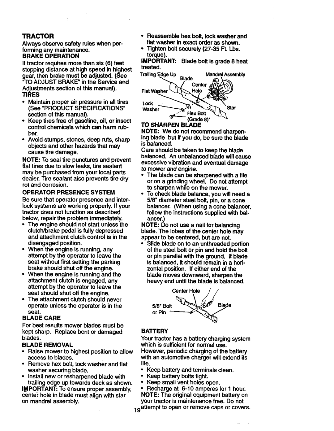 Craftsman 917.271023 manual Operator Presence System, Blade Care, Blade Removal, To Sharpen Blade, Battery 