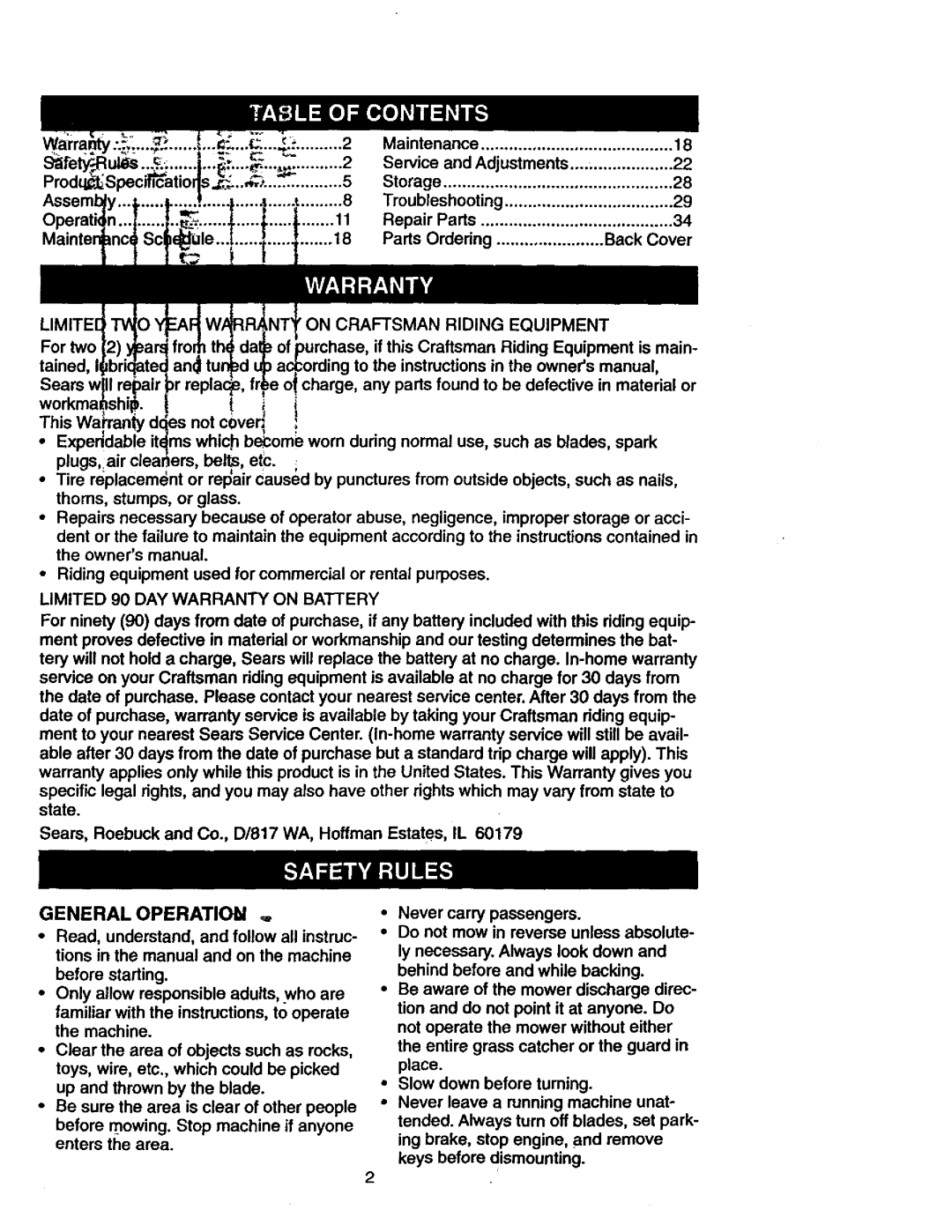 Craftsman 917.271023 manual Assemb Operati Mainter, Limf, For two, Riding Equipment is main, General Operatic 