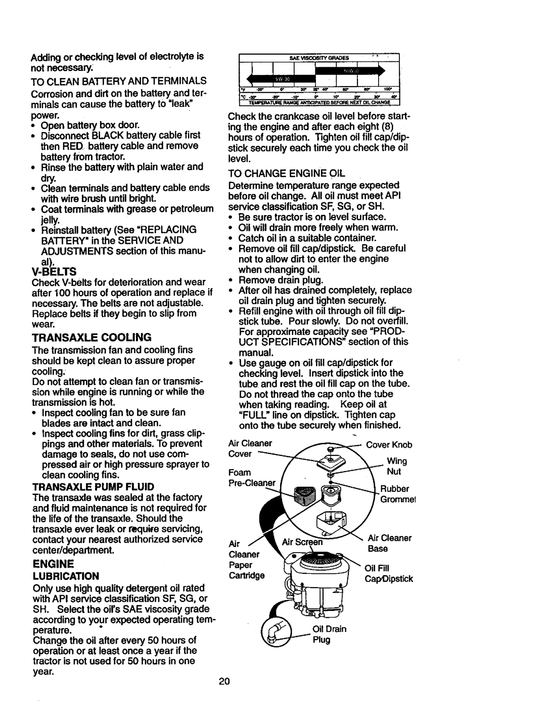 Craftsman 917.271023 manual To Clean Battery and Terminals, Transaxle Cooling, Transaxle Pump Fluid, Engine Lubrication 