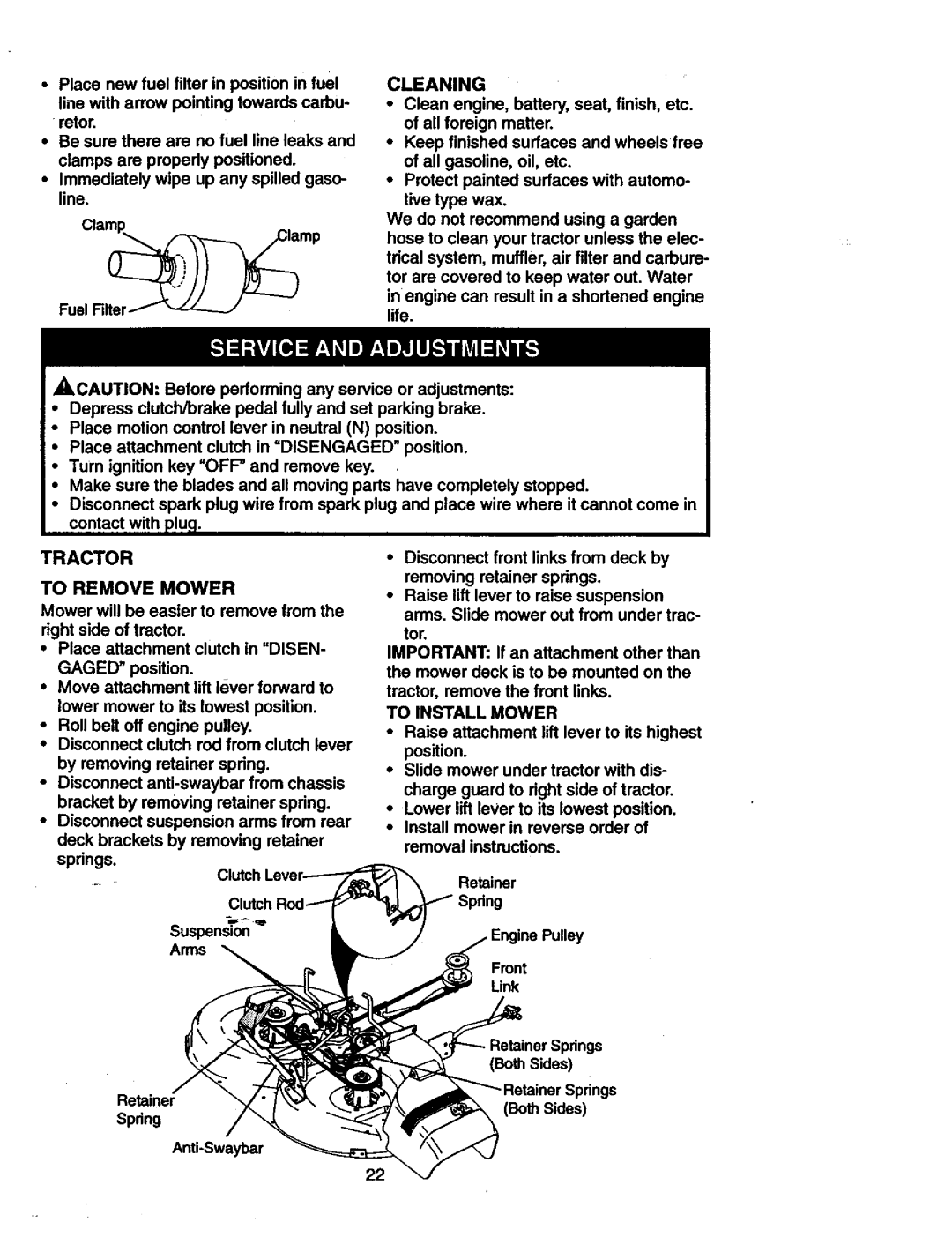 Craftsman 917.271023 manual Tractor, Cleaning, To Remove Mower, To Install Mower 