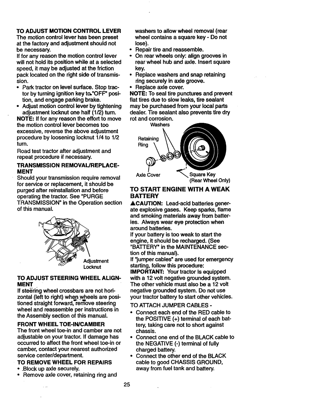 Craftsman 917.271023 manual To Adjust Steering Wheel ALIGN- Ment, To Start Engine with a Weak Battery 