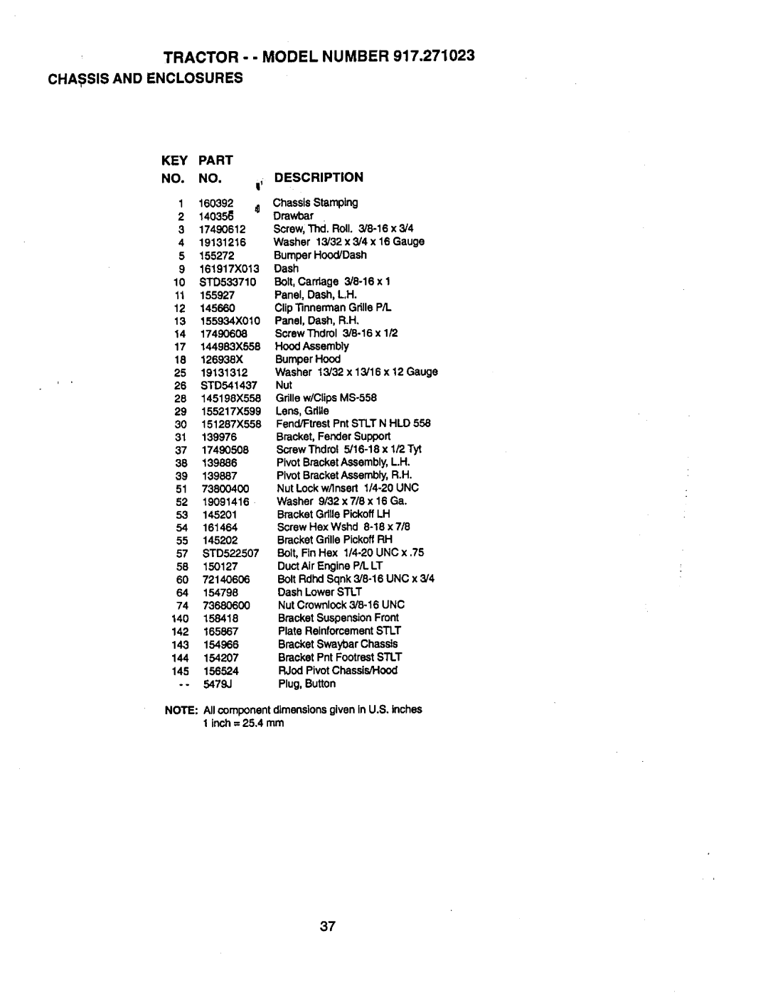 Craftsman 917.271023 manual Tractor - Model Number Chassis and Enclosures, KEY Part Description 