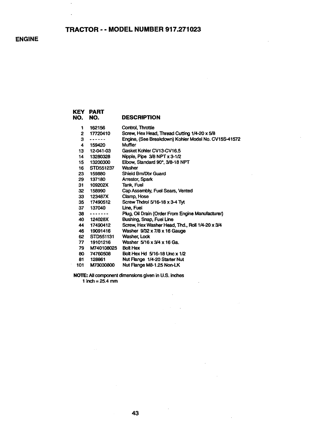 Craftsman 917.271023 manual KEY Part NO. NO.DESCRIPTION 