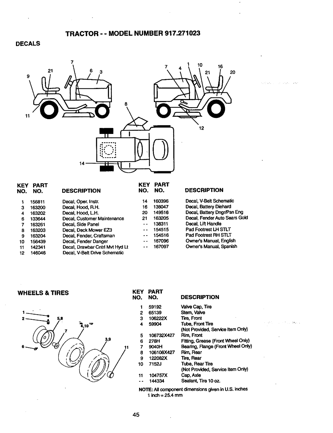 Craftsman 917.271023 manual Decals, Wheels Tires KEY Part Description 