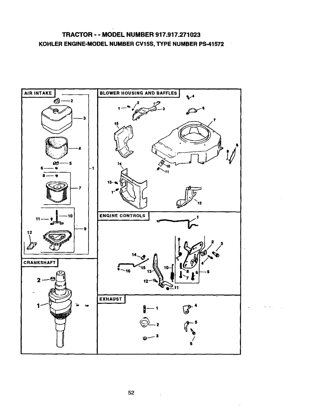 Craftsman 917.271023 manual Kohler ENGINE-MODEL Number CV15S, Type Number PS-41572 