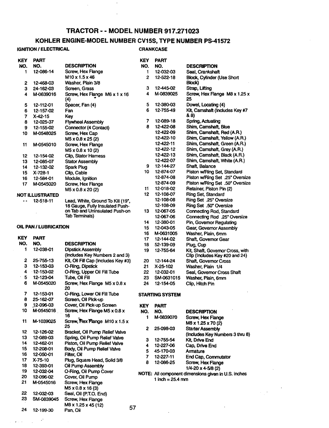 Craftsman 917.271023 manual Kohler ENGINE-MODEL Number CV15S, Type Number PS-41572, Dowel,Locating4 