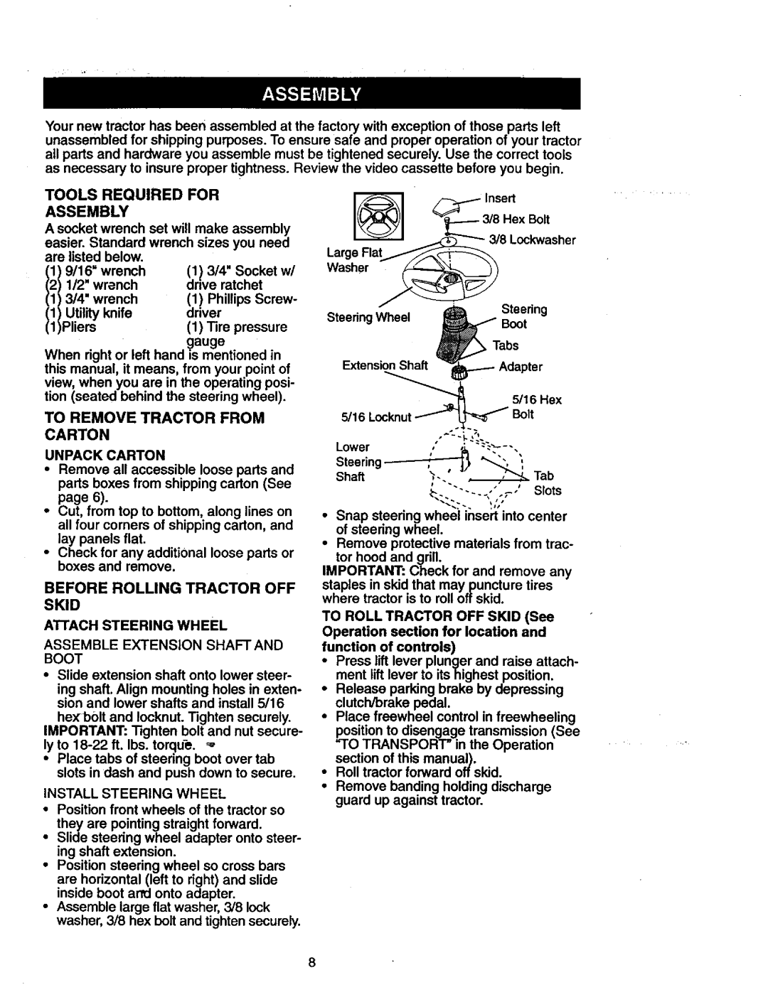 Craftsman 917.271023 manual Tools Required for Assembly, To Remove Tractor from Carton 